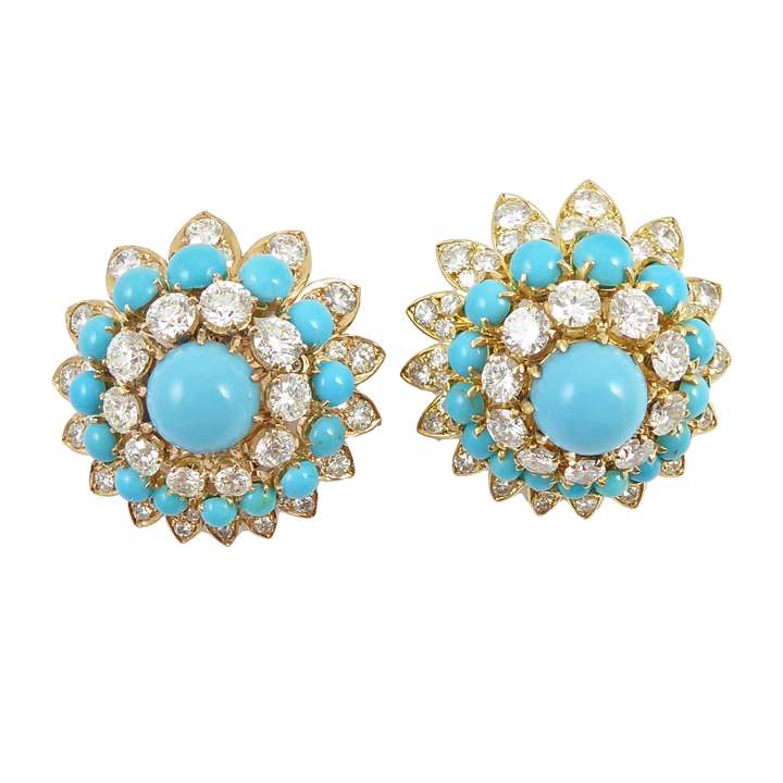 Pair of turquoise and diamond set bombe cluster earrings
